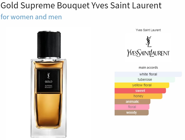 آکوردهای به کار رفته در عطر ادکلن ایو سن لورن (وای اس ال) گلد سوپریم بوکت-بوکه ادوپرفیوم مردانه-زنانه Yves Saint Laurent Gold Supreme Bouquet Unisex EDP