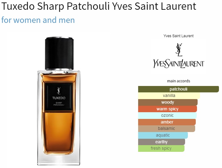 آکوردهای به کار رفته در عطر ادکلن ایو سن لورن (وای اس ال) تاکسیدو شارپ پچولی ادوپرفیوم مردانه-زنانه Yves Saint Laurent Tuxedo Sharp Patchouli Unisex EDP