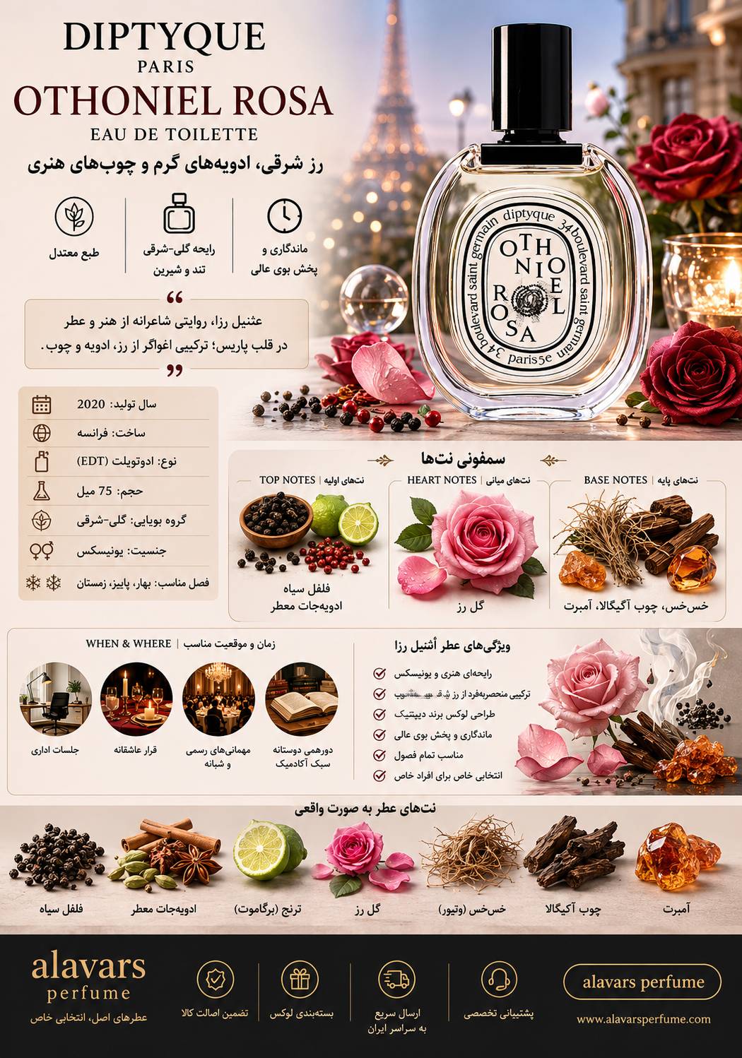 کارت شناسایی عطر ادکلن دیپتیک اُثنیل رزا ادوتویلت مردانه-زنانه Diptyque Othoniel Rosa Unisex EDT