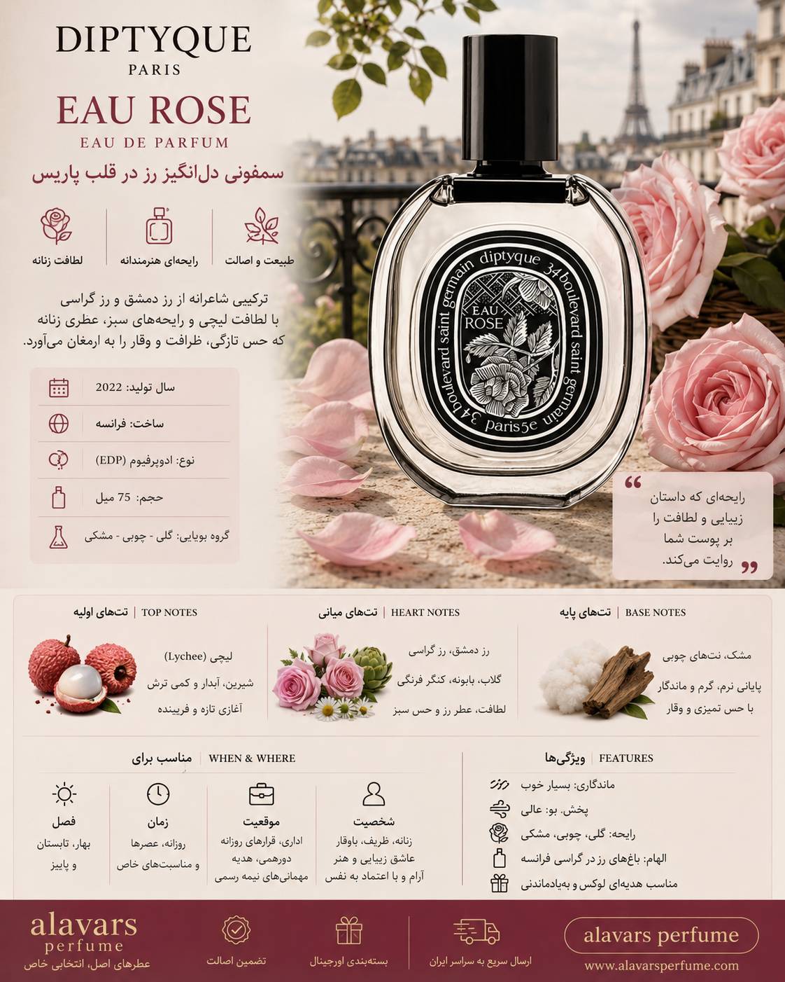 کارت شناسایی عطر ادکلن دیپتیک او رز ادوپرفیوم زنانه Diptyque Eau Rose for Women EDP