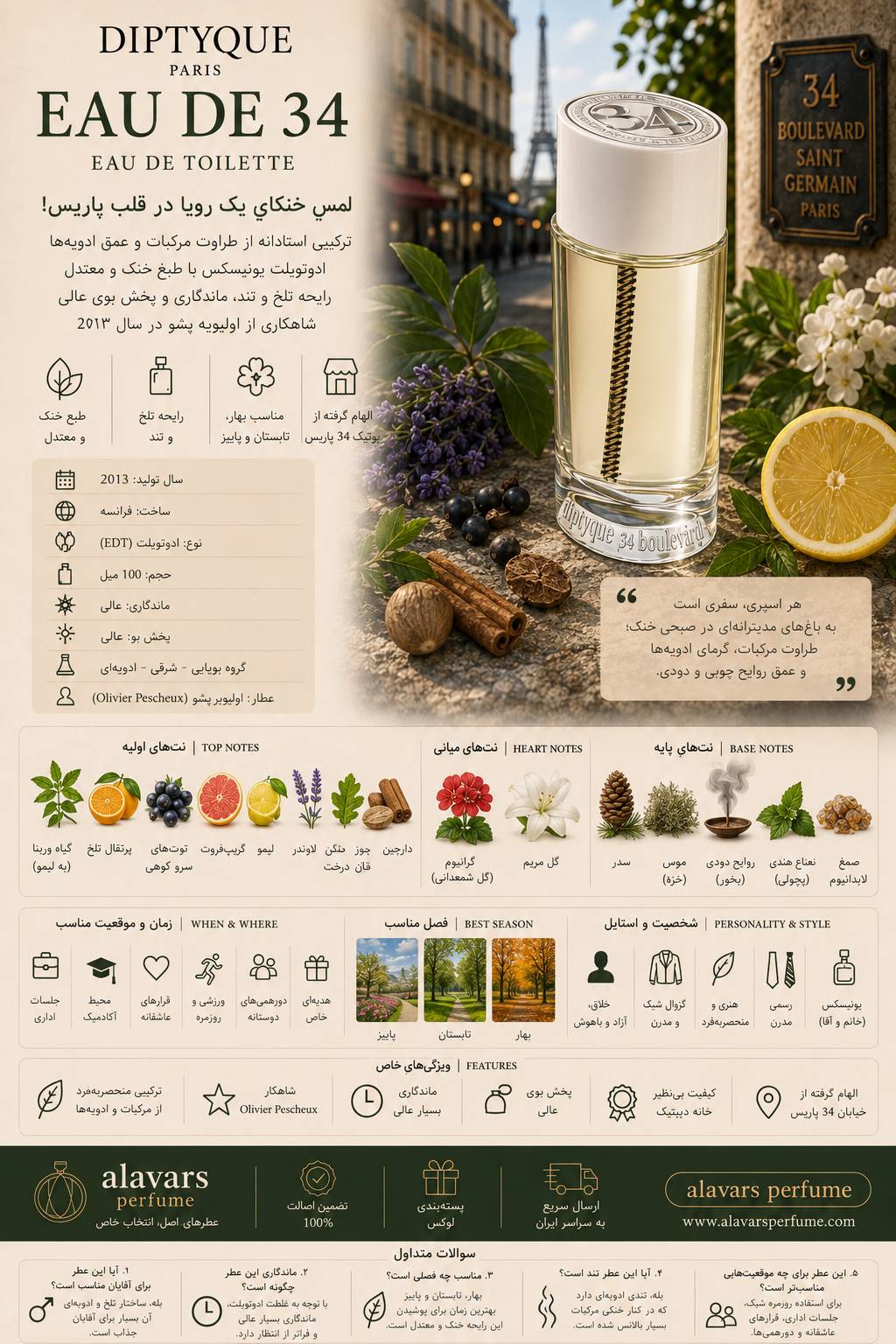 کارت شناسایی عطر ادکلن دیپتیک ادو 34-او د 34 ادوتویلت مردانه-زنانه Diptyque Eau de 34 Unisex EDT
