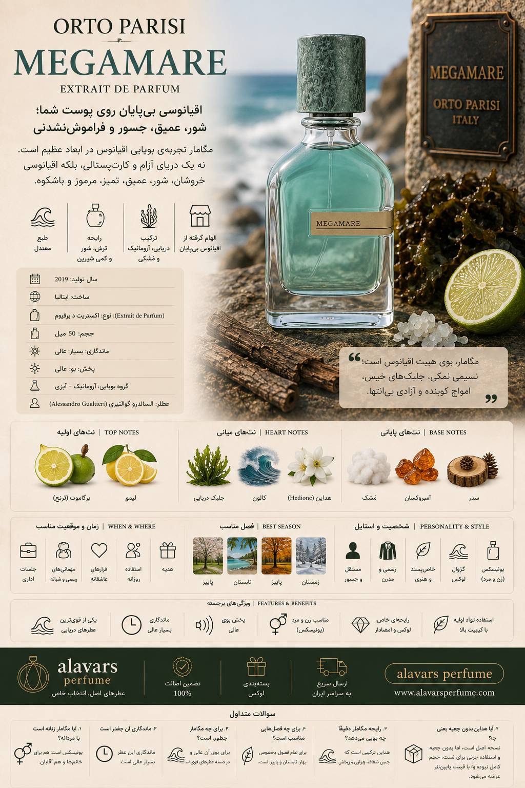 کارت شناسایی عطر ادکلن اورتو پاریسی مگامار (مگاماره) پرفیوم مردانه-زنانه Orto Parisi Megamare Perfume Unisex