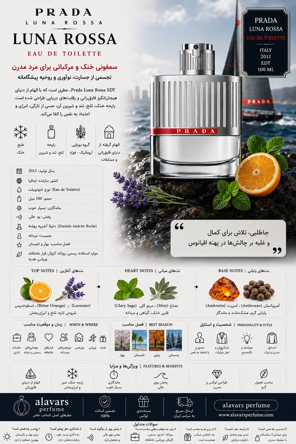 کارت شناسایی عطر ادکلن پرادا لونا روزا ادوتویلت مردانه Prada Luna Rossa for Men EDT