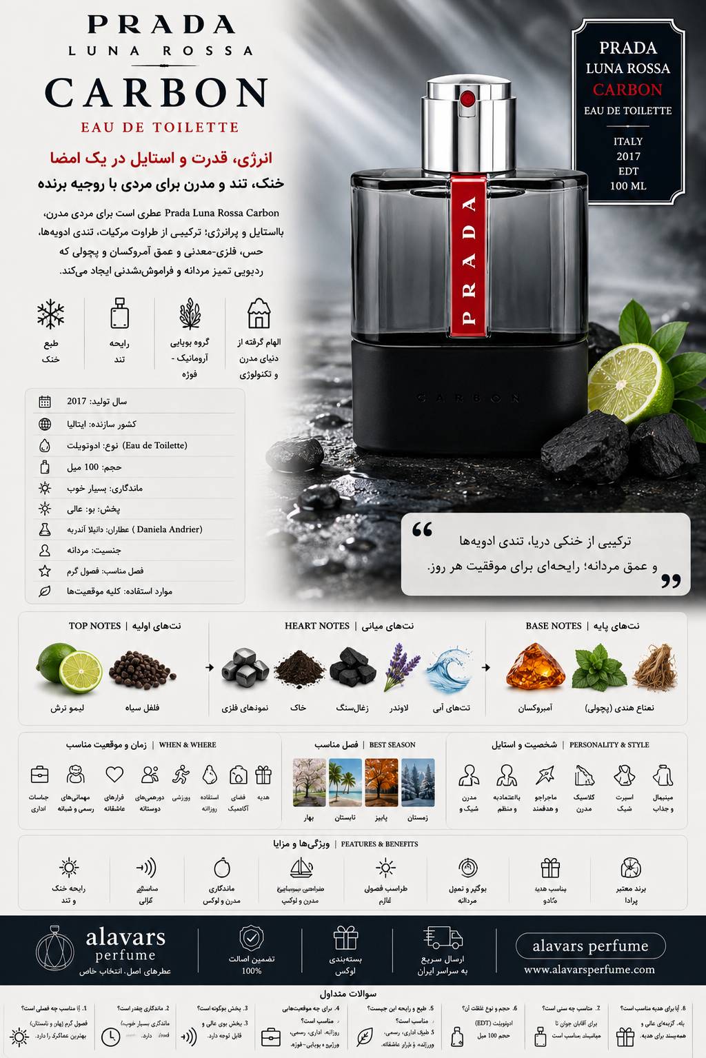 کارت شناسایی عطر ادکلن پرادا لونا روزا کربن ادوتویلت مردانه Prada Luna Rossa Carbon for Men EDT