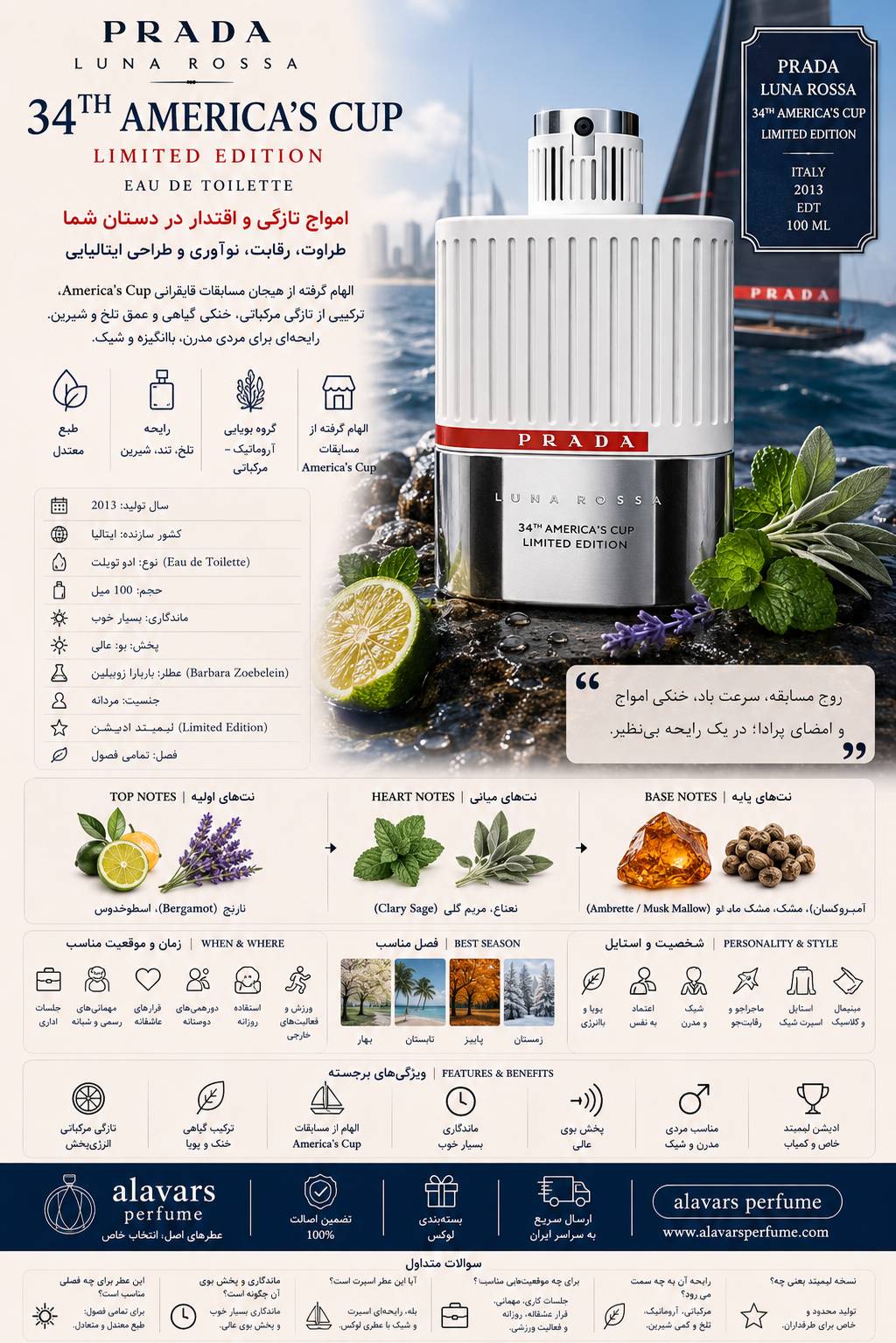کارت شناسایی عطر ادکلن پرادا لونا روزا 34 ام امریکا کاپ لیمیتد ادیشن ادوتویلت مردانه Prada Luna Rossa 34th America`s Cup Limited Edition for Men EDT