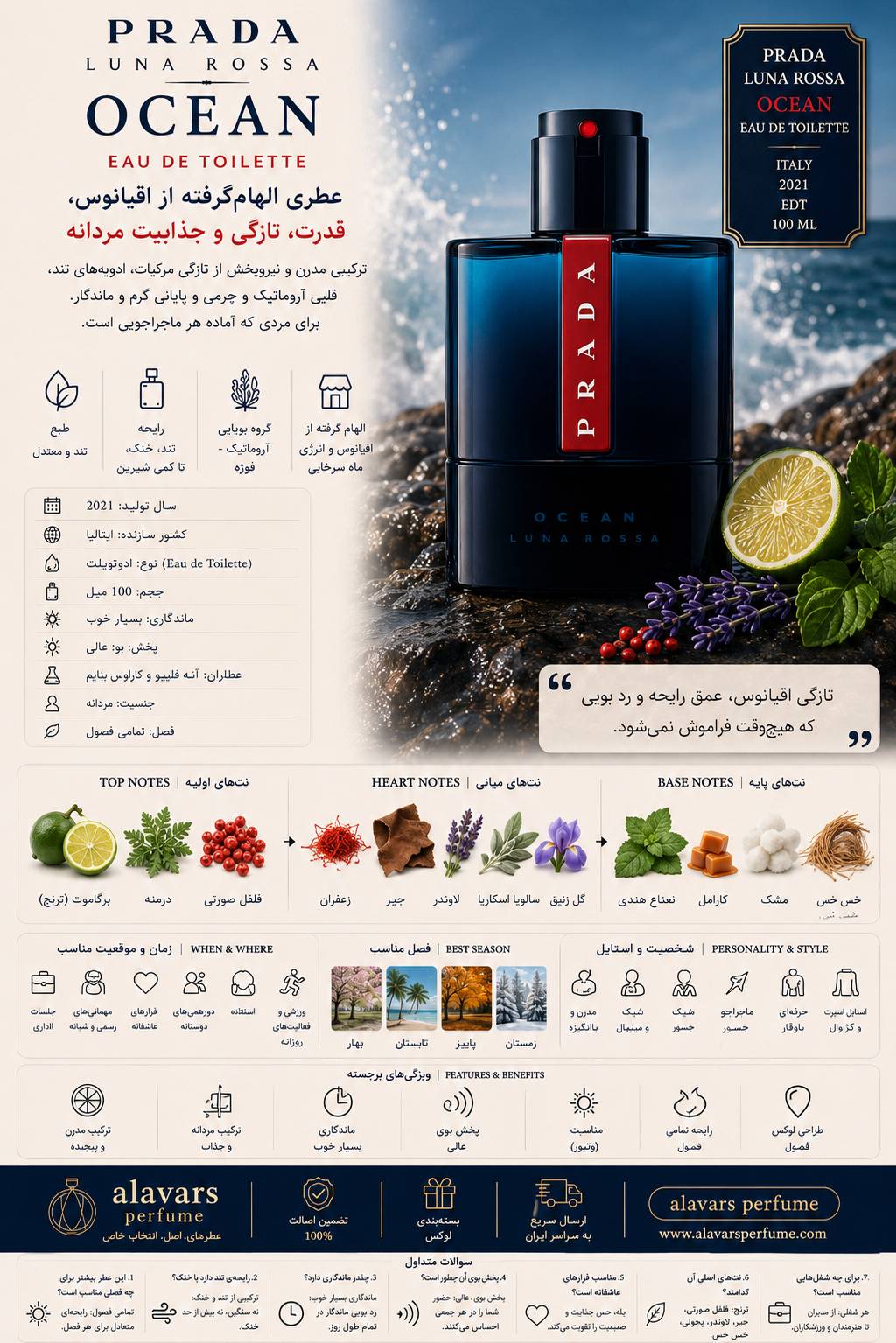کارت شناسایی عطر ادکلن پرادا لونا روزا اوشن ادوتویلت مردانه Prada Luna Rossa Ocean for Men EDT